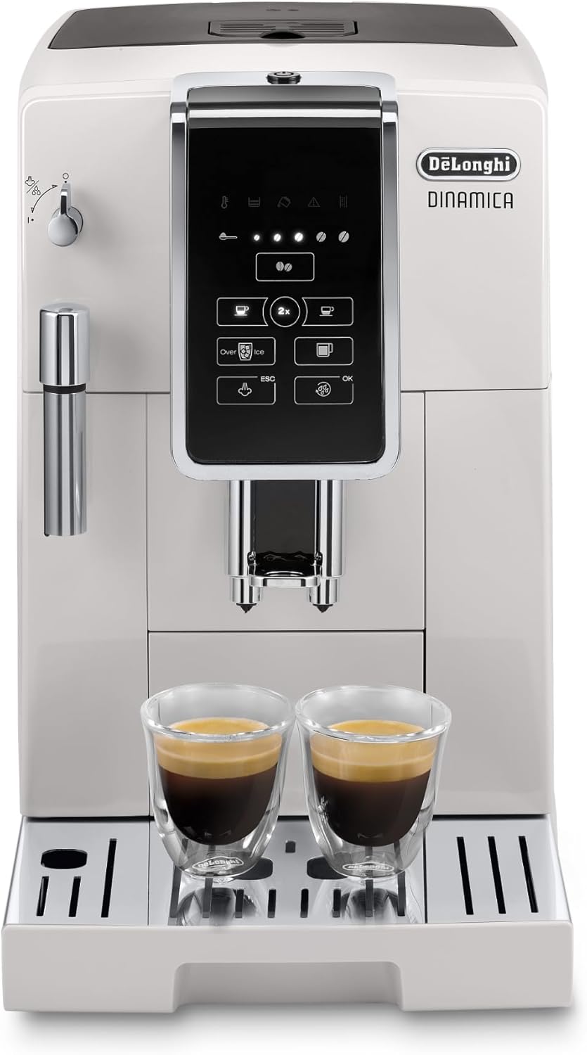 De'Longhi Dinamica Espresso Machine, White - Automatic Bean-to-Cup Brewing, Built-In Steel Burr Grinder & Manual Frother - One-Touch Hot & Iced Coffee - Easy Cleanup