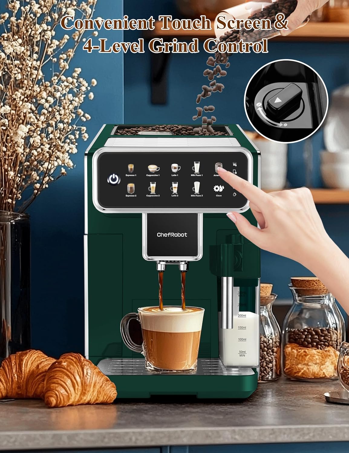Fully Automatic Espresso Machine 12 Cup Coffee Maker One-Touch Cappuccino/Latte/Americano/Espresso Self-Cleaning & Adjustable Grinder for Home/Office/Coffee Lovers/Busy Workers/Small Cafés (Green)