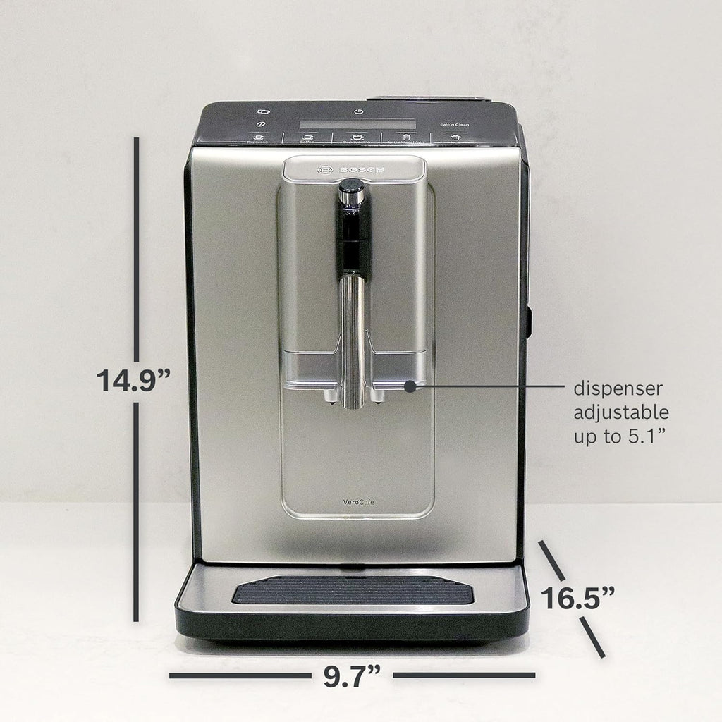 Bosch Fully Automatic Coffee and Espresso Machine - One-Touch Drinks, Barista Style, Double Cup Super Coffee Maker - Large Bean Capacity - Easy Clean, Maintenance - Silver- TIU20307